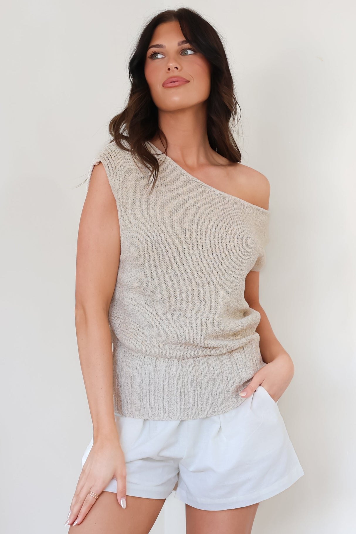 Mariah Knit Top - Sleeveless Asymmetric Neckline Top with Ribbed Hem in Oat