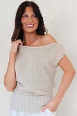 Mariah Knit Top - Sleeveless Asymmetric Neckline Top with Ribbed Hem in Oat