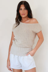 Mariah Knit Top - Sleeveless Asymmetric Neckline Top with Ribbed Hem in Oat