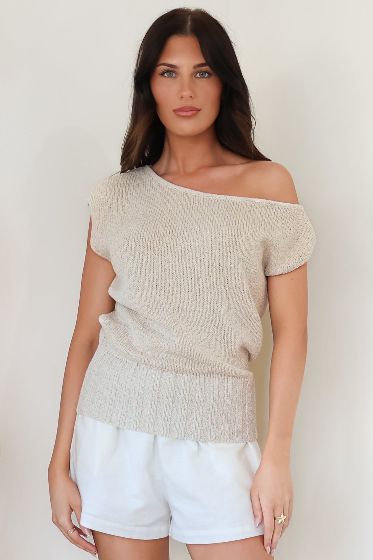 Mariah Knit Top - Sleeveless Asymmetric Neckline Top with Ribbed Hem in Oat