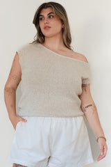 Mariah Knit Top - Sleeveless Asymmetric Neckline Top with Ribbed Hem in Oat