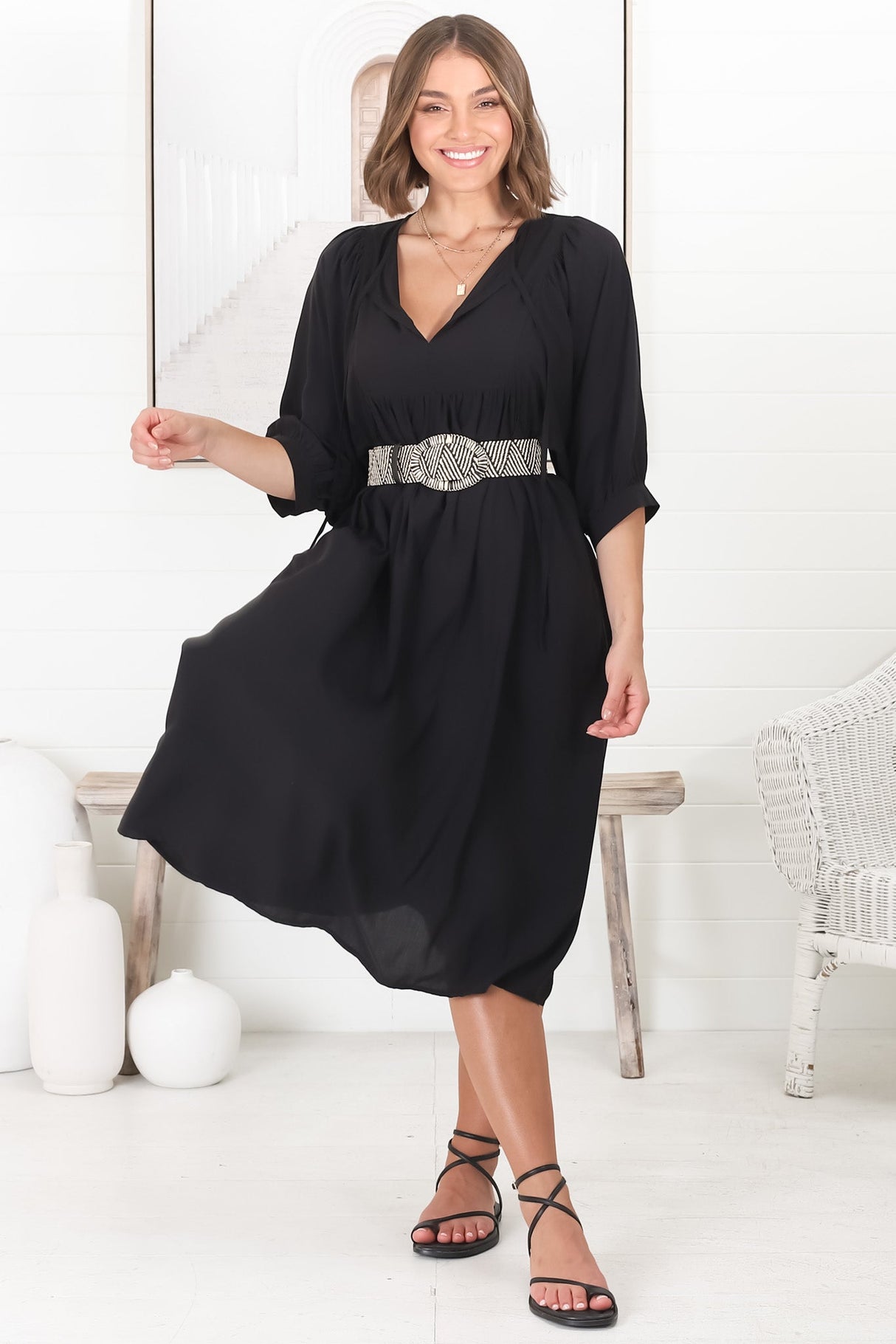 Mariah Midi Dress - V Neck Smock Dress with Batwing Sleeves in Black