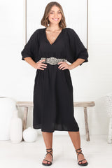 Mariah Midi Dress - V Neck Smock Dress with Batwing Sleeves in Black