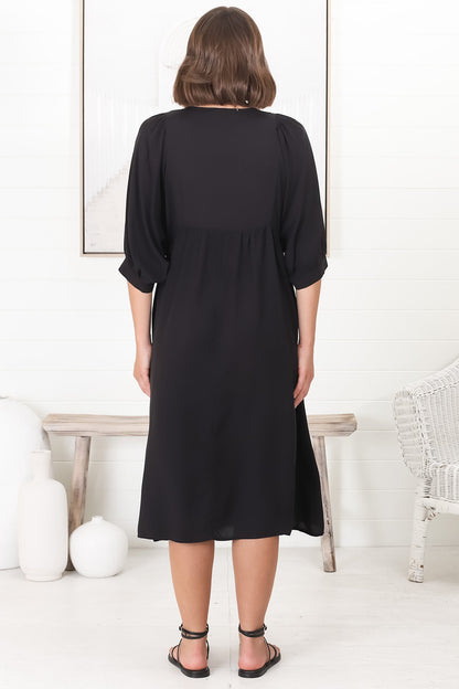 Mariah Midi Dress - V Neck Smock Dress with Batwing Sleeves in Black