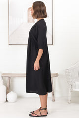 Mariah Midi Dress - V Neck Smock Dress with Batwing Sleeves in Black