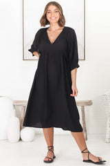 Mariah Midi Dress - V Neck Smock Dress with Batwing Sleeves in Black