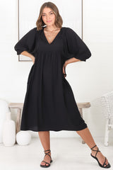 Mariah Midi Dress - V Neck Smock Dress with Batwing Sleeves in Black