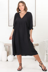 Mariah Midi Dress - V Neck Smock Dress with Batwing Sleeves in Black