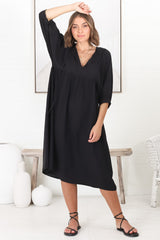 Mariah Midi Dress - V Neck Smock Dress with Batwing Sleeves in Black