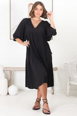 Mariah Midi Dress - V Neck Smock Dress with Batwing Sleeves in Black