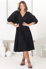 Mariah Midi Dress - V Neck Smock Dress with Batwing Sleeves in Black