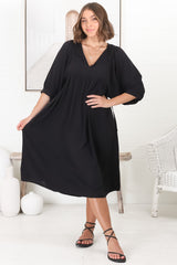 Mariah Midi Dress - V Neck Smock Dress with Batwing Sleeves in Black