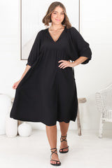 Mariah Midi Dress - V Neck Smock Dress with Batwing Sleeves in Black