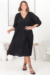 Mariah Midi Dress - V Neck Smock Dress with Batwing Sleeves in Black