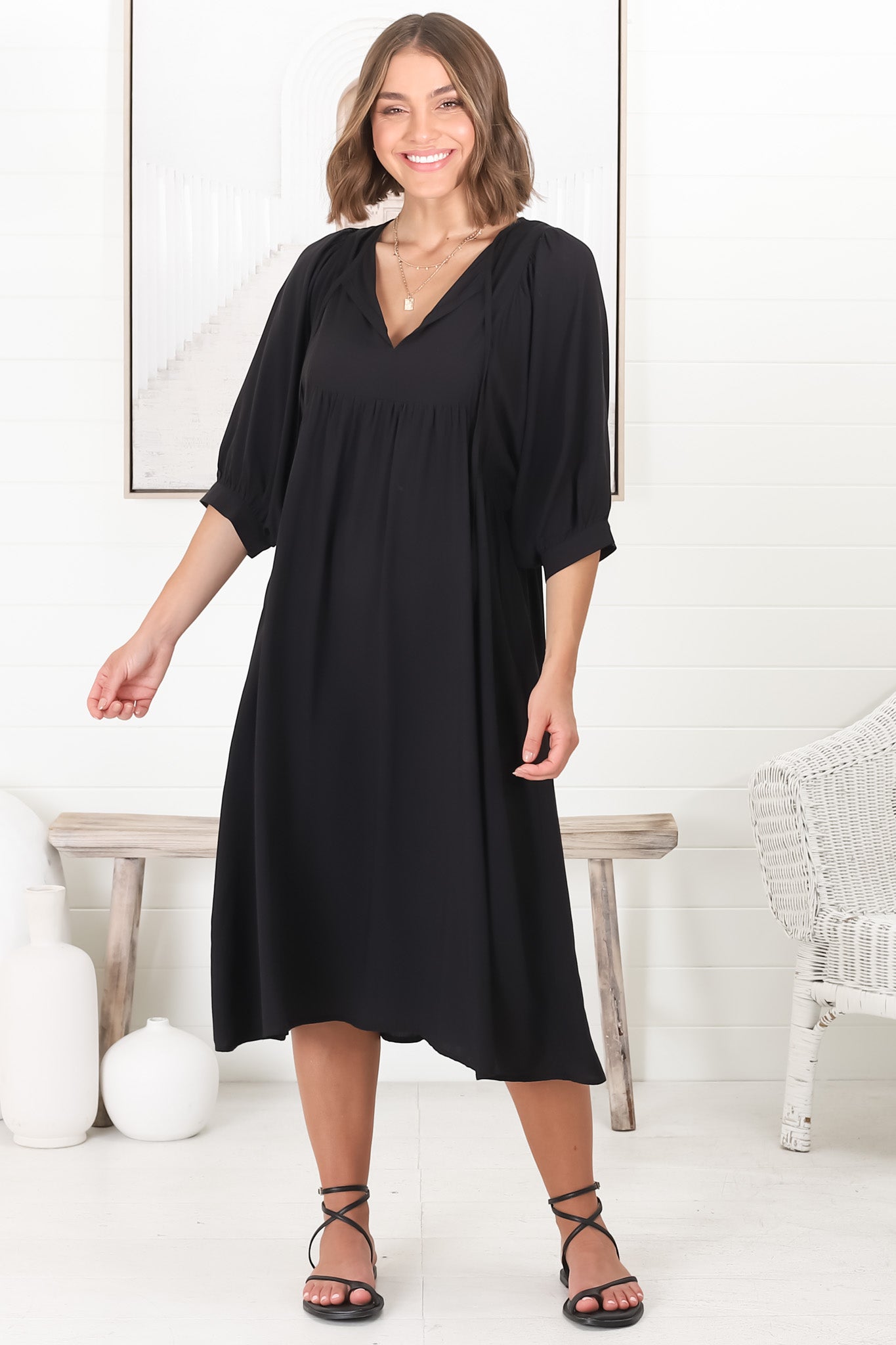 Mariah Midi Dress - V Neck Smock Dress with Batwing Sleeves in Black