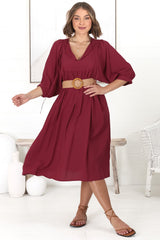 Mariah Midi Dress - V Neck Smock Dress with Batwing Sleeves in Dark Red