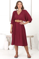 Mariah Midi Dress - V Neck Smock Dress with Batwing Sleeves in Dark Red