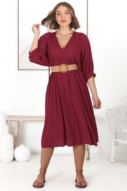 Mariah Midi Dress - V Neck Smock Dress with Batwing Sleeves in Dark Red