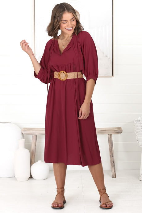 Mariah Midi Dress - V Neck Smock Dress with Batwing Sleeves in Dark Red