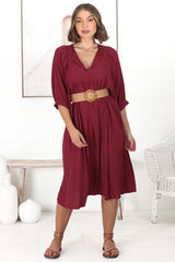 Mariah Midi Dress - V Neck Smock Dress with Batwing Sleeves in Dark Red