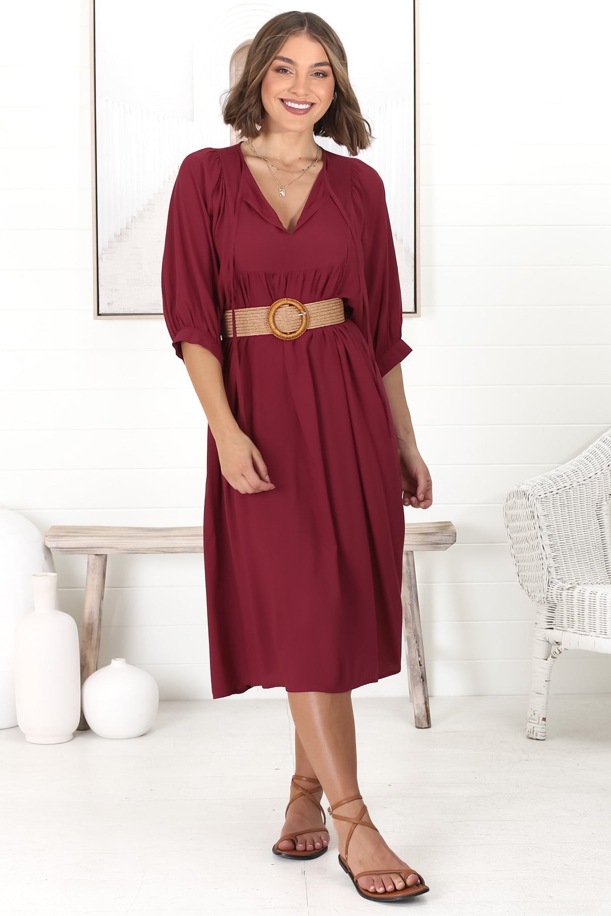 Mariah Midi Dress - V Neck Smock Dress with Batwing Sleeves in Dark Red