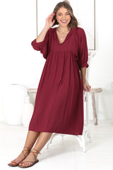 Mariah Midi Dress - V Neck Smock Dress with Batwing Sleeves in Dark Red