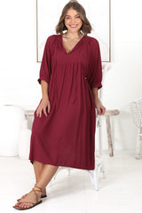 Mariah Midi Dress - V Neck Smock Dress with Batwing Sleeves in Dark Red