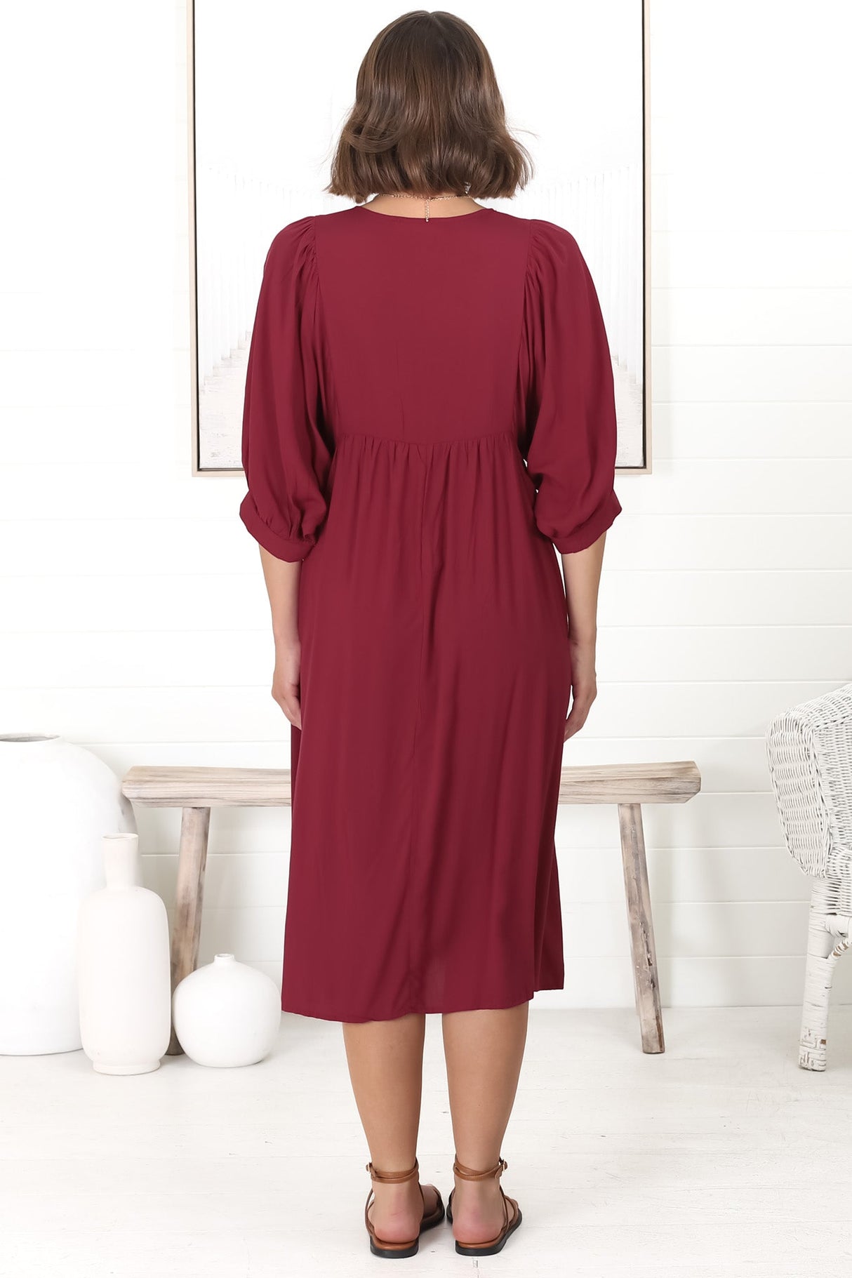 Mariah Midi Dress - V Neck Smock Dress with Batwing Sleeves in Dark Red