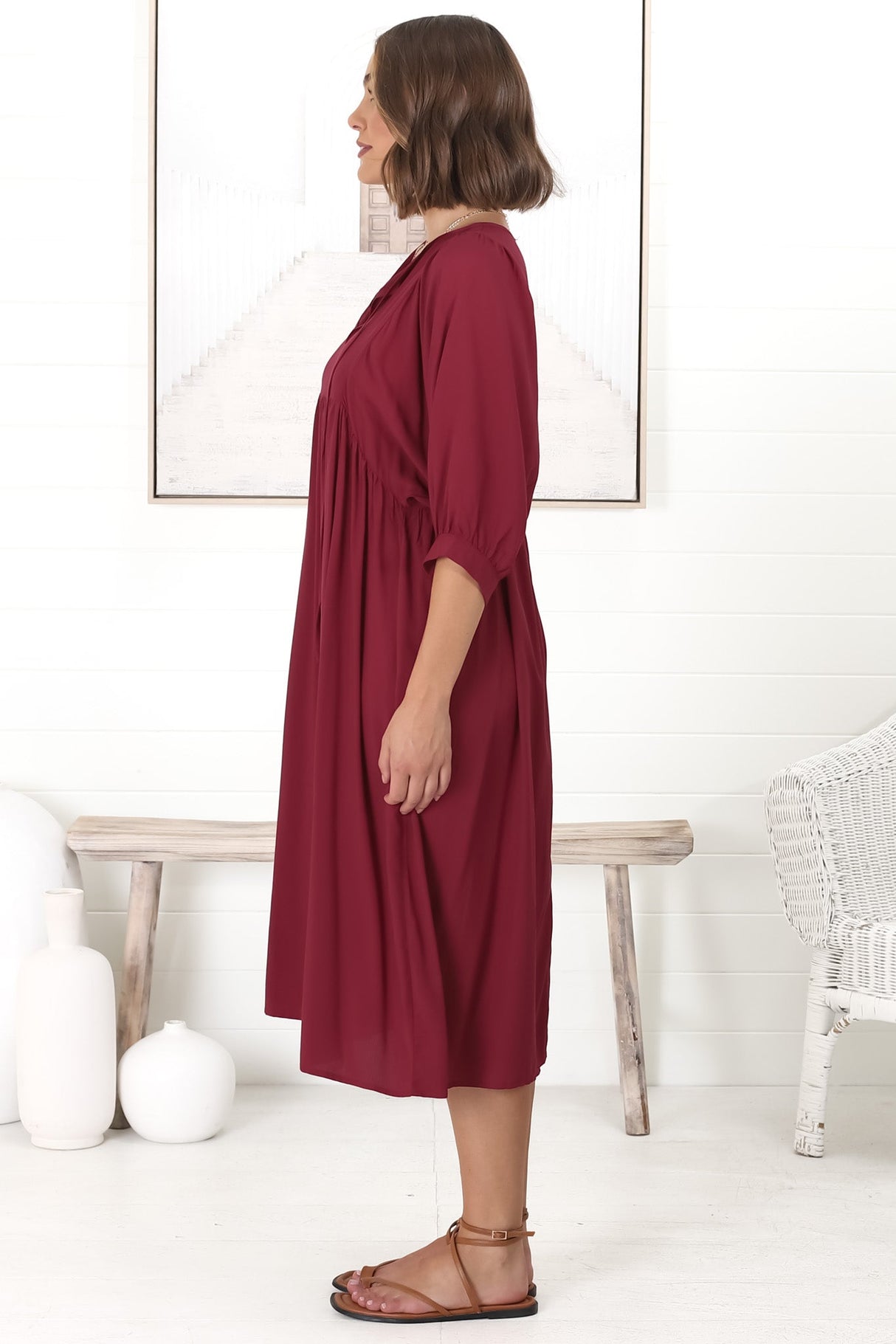 Mariah Midi Dress - V Neck Smock Dress with Batwing Sleeves in Dark Red