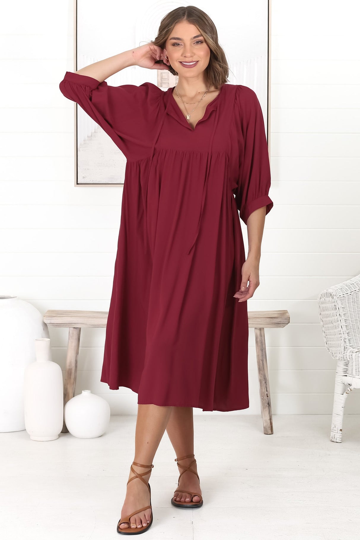 Mariah Midi Dress - V Neck Smock Dress with Batwing Sleeves in Dark Red