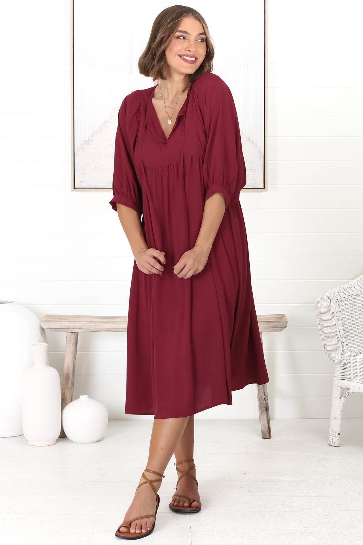 Mariah Midi Dress - V Neck Smock Dress with Batwing Sleeves in Dark Red