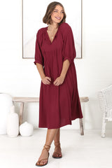 Mariah Midi Dress - V Neck Smock Dress with Batwing Sleeves in Dark Red