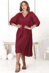 Mariah Midi Dress - V Neck Smock Dress with Batwing Sleeves in Dark Red