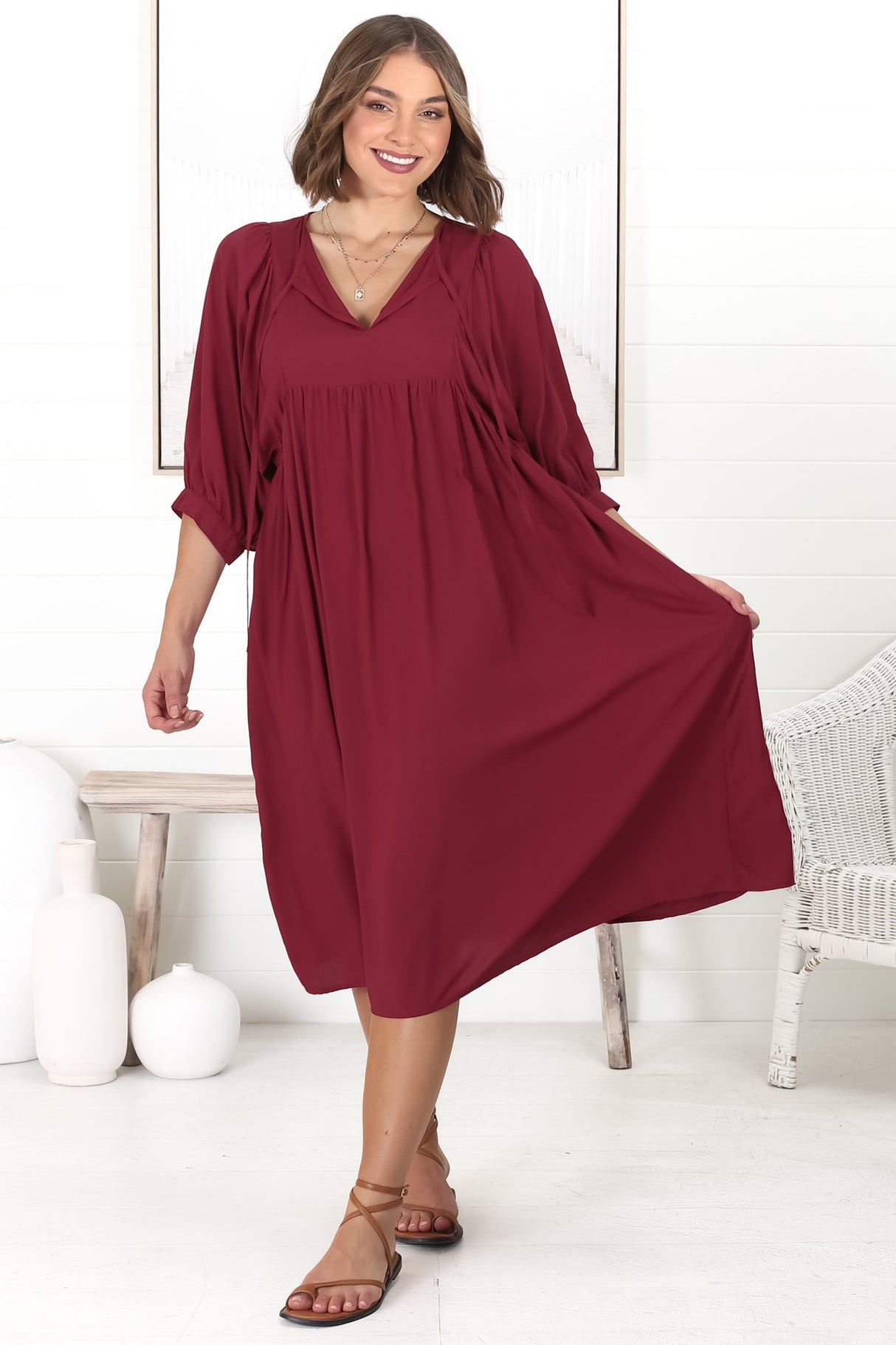 Mariah Midi Dress - V Neck Smock Dress with Batwing Sleeves in Dark Red