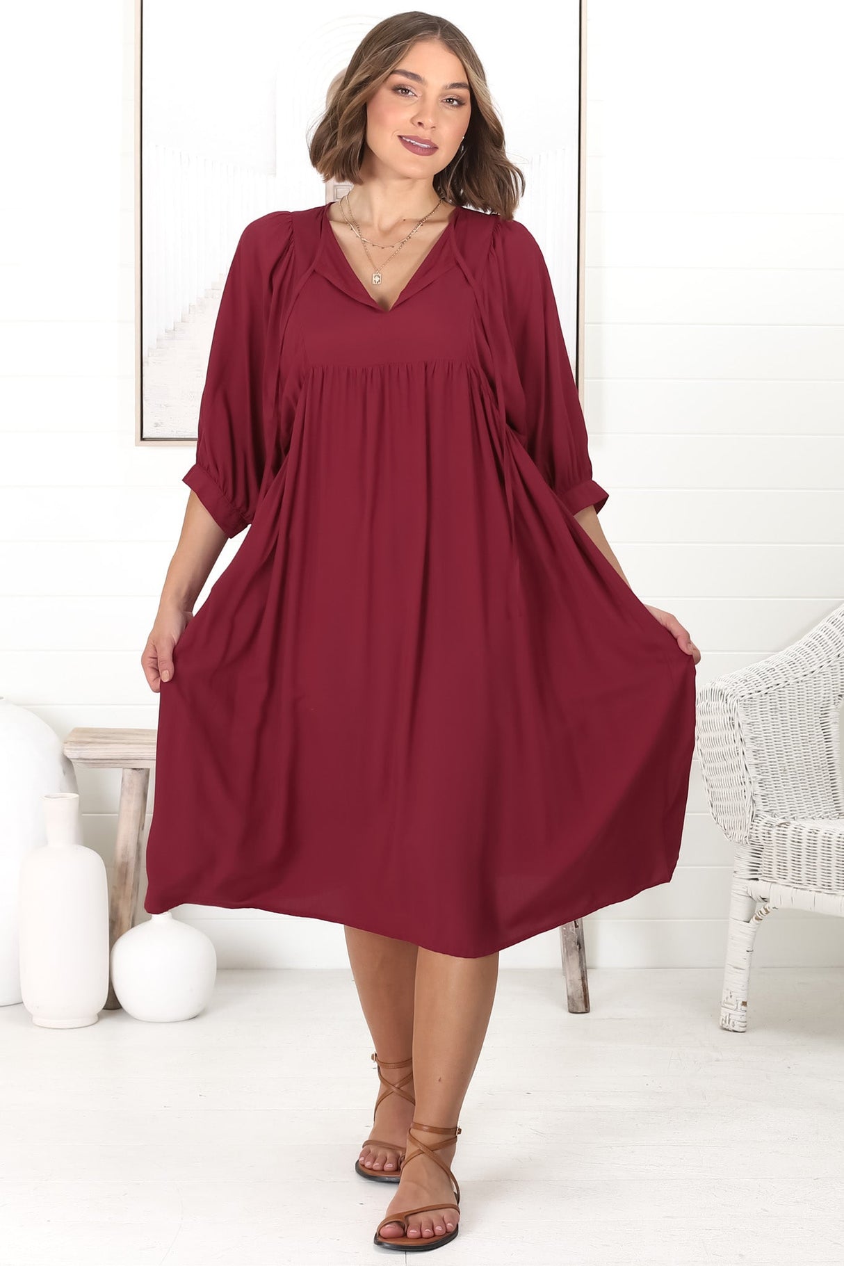 Mariah Midi Dress - V Neck Smock Dress with Batwing Sleeves in Dark Red