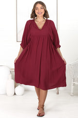 Mariah Midi Dress - V Neck Smock Dress with Batwing Sleeves in Dark Red