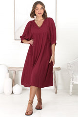 Mariah Midi Dress - V Neck Smock Dress with Batwing Sleeves in Dark Red