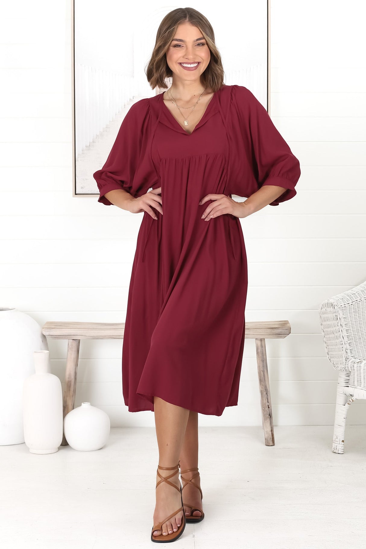 Mariah Midi Dress - V Neck Smock Dress with Batwing Sleeves in Dark Red