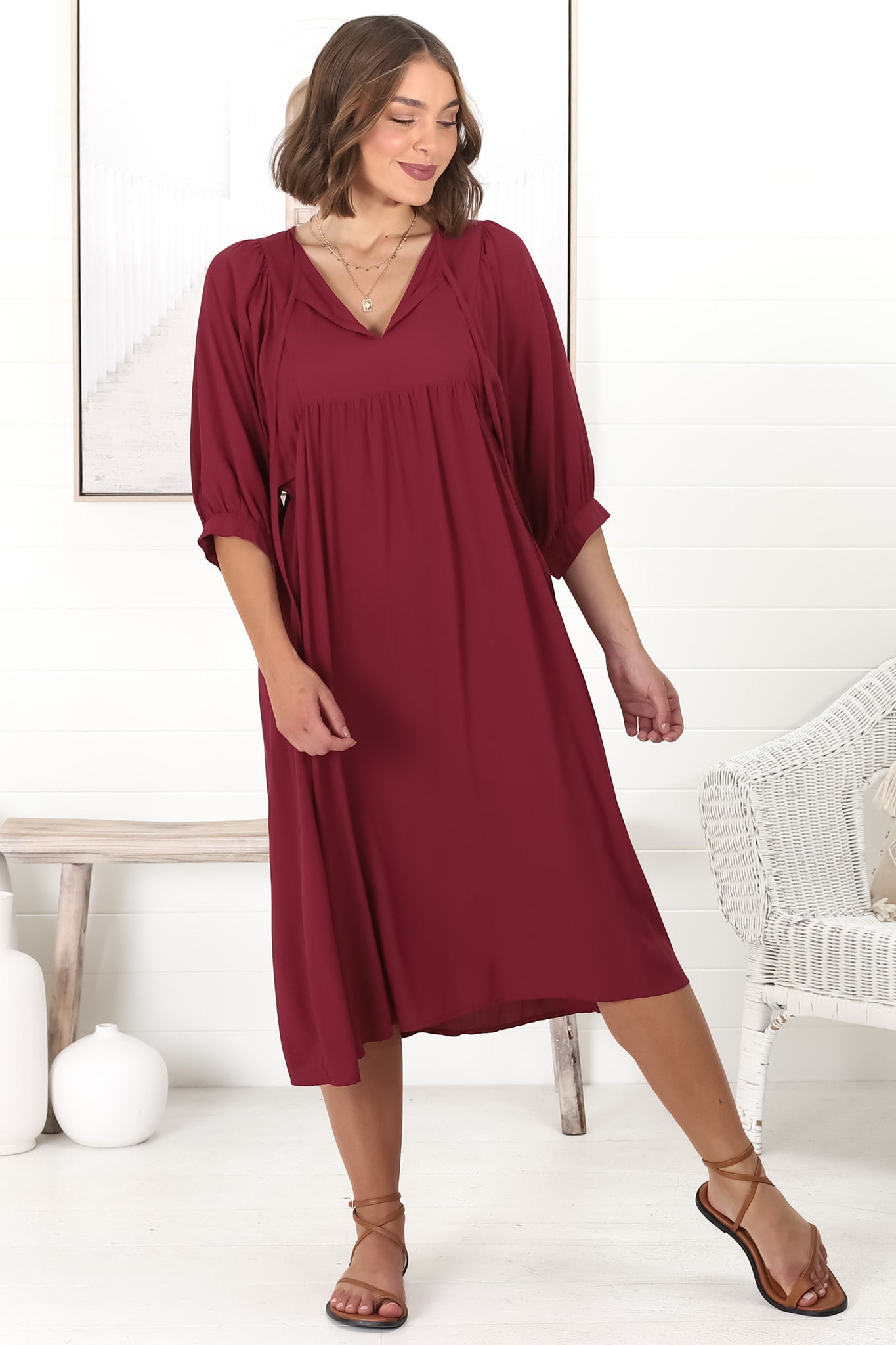 Mariah Midi Dress - V Neck Smock Dress with Batwing Sleeves in Dark Red