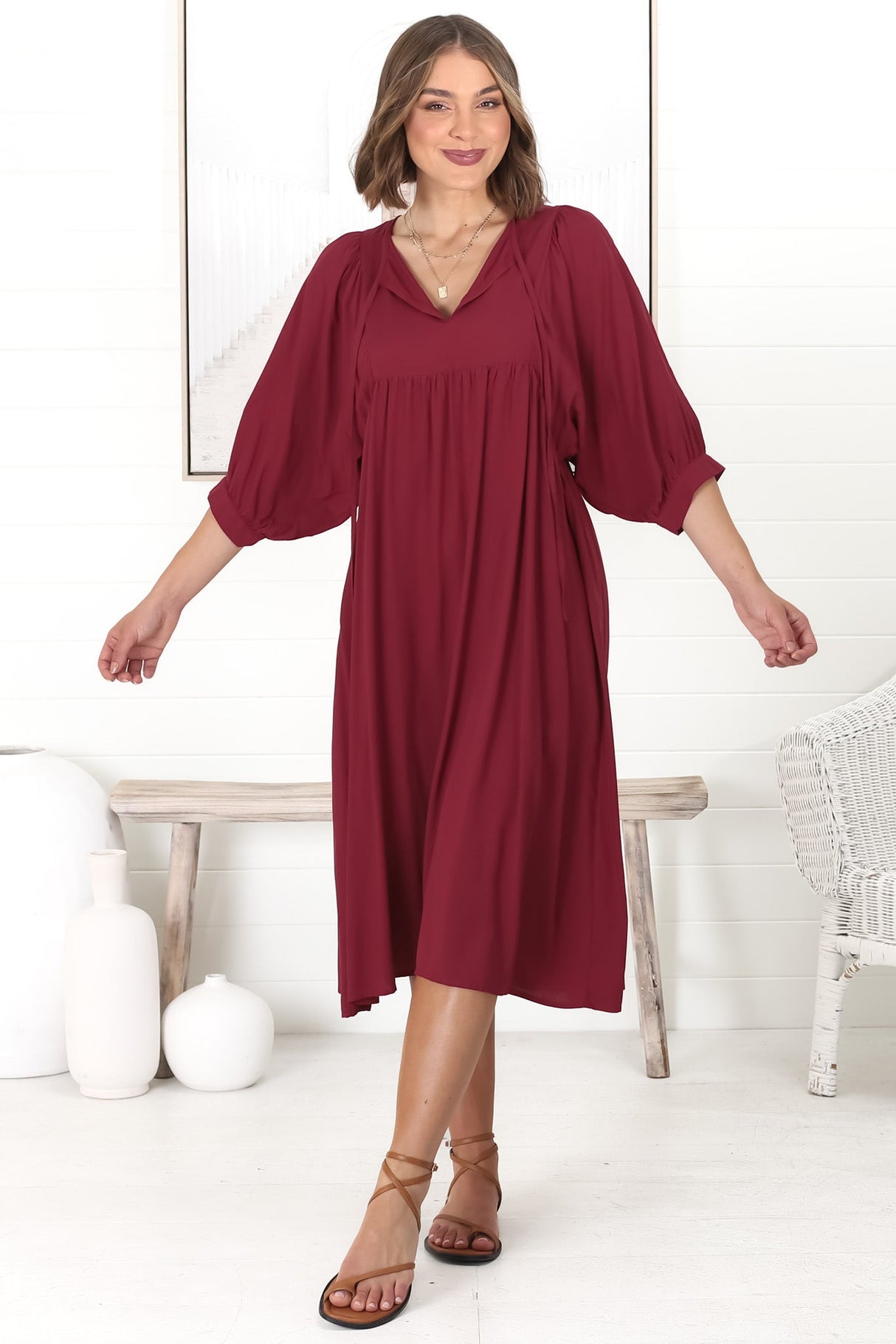 Mariah Midi Dress - V Neck Smock Dress with Batwing Sleeves in Dark Red