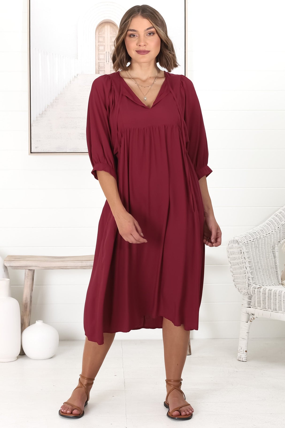 Mariah Midi Dress - V Neck Smock Dress with Batwing Sleeves in Dark Red