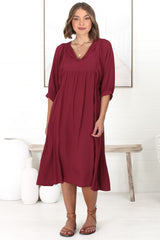 Mariah Midi Dress - V Neck Smock Dress with Batwing Sleeves in Dark Red