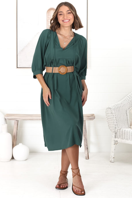 Mariah Midi Dress - V Neck Smock Dress With Batwing Sleeves In Emerald