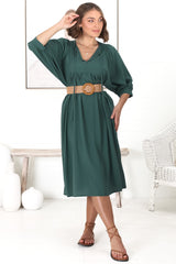 Mariah Midi Dress - V Neck Smock Dress With Batwing Sleeves In Emerald