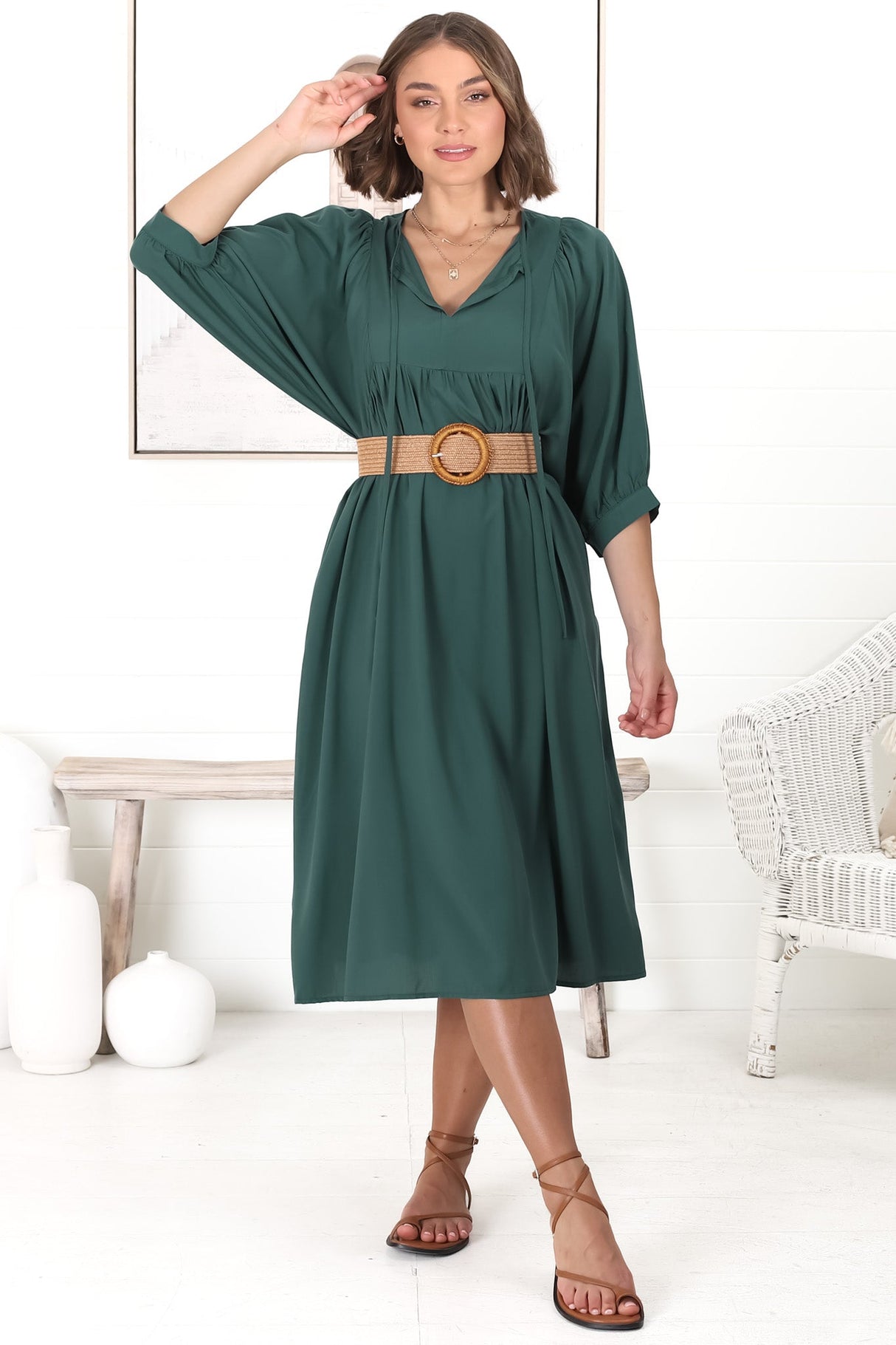 Mariah Midi Dress - V Neck Smock Dress With Batwing Sleeves In Emerald