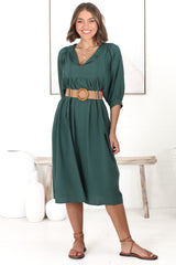 Mariah Midi Dress - V Neck Smock Dress With Batwing Sleeves In Emerald