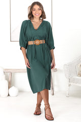 Mariah Midi Dress - V Neck Smock Dress With Batwing Sleeves In Emerald