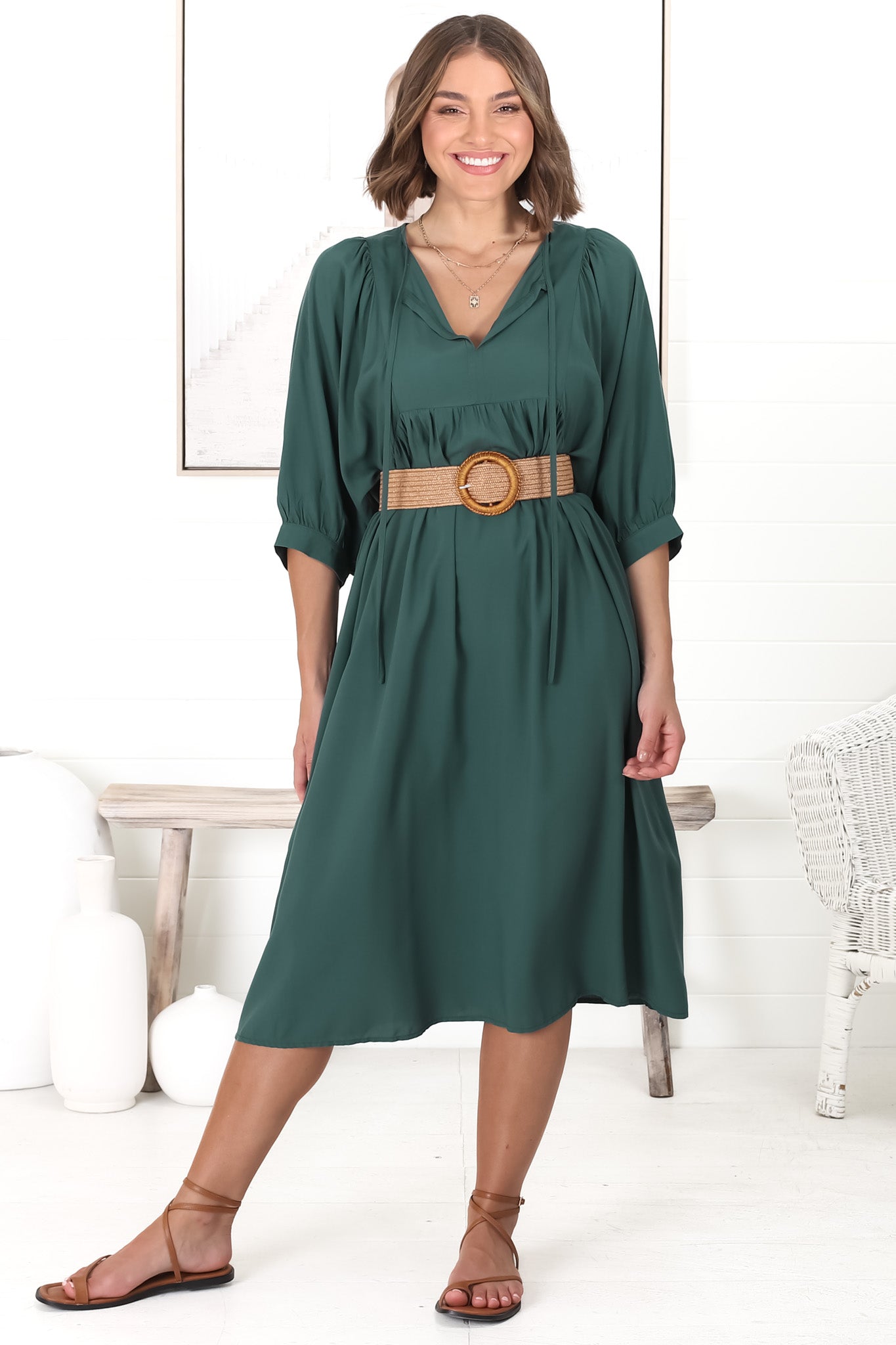 Mariah Midi Dress - V Neck Smock Dress With Batwing Sleeves In Emerald
