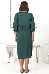 Mariah Midi Dress - V Neck Smock Dress With Batwing Sleeves In Emerald