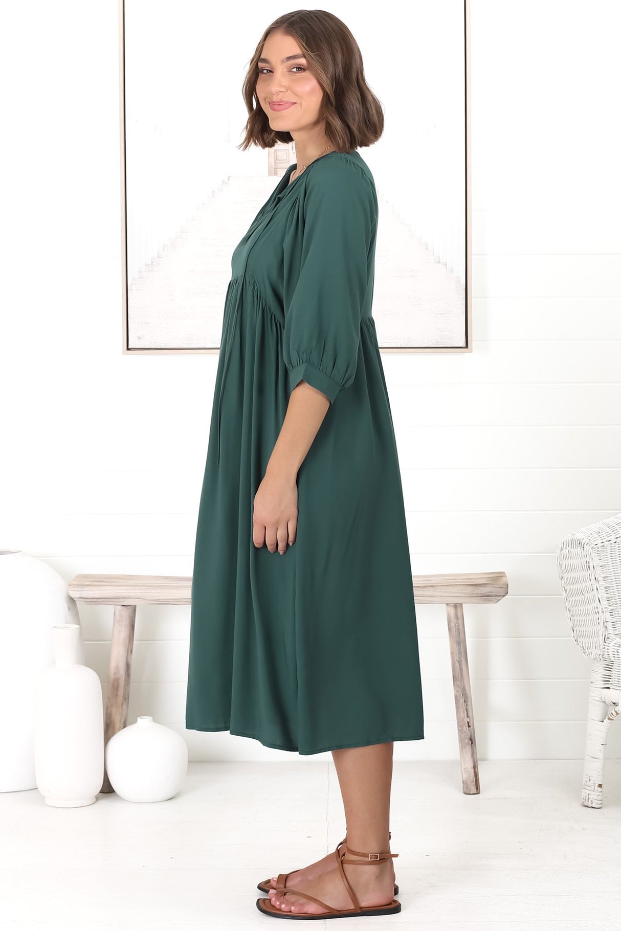 Mariah Midi Dress - V Neck Smock Dress With Batwing Sleeves In Emerald